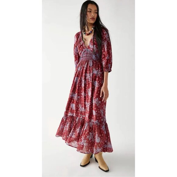 Free People Dresses & Skirts - Free People Golden Hour Floral Red Maxi Dress Large